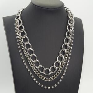 Vintage Rocker Choker Multi Strand Metal Chain Necklace w/ Rhinestones Fabulous